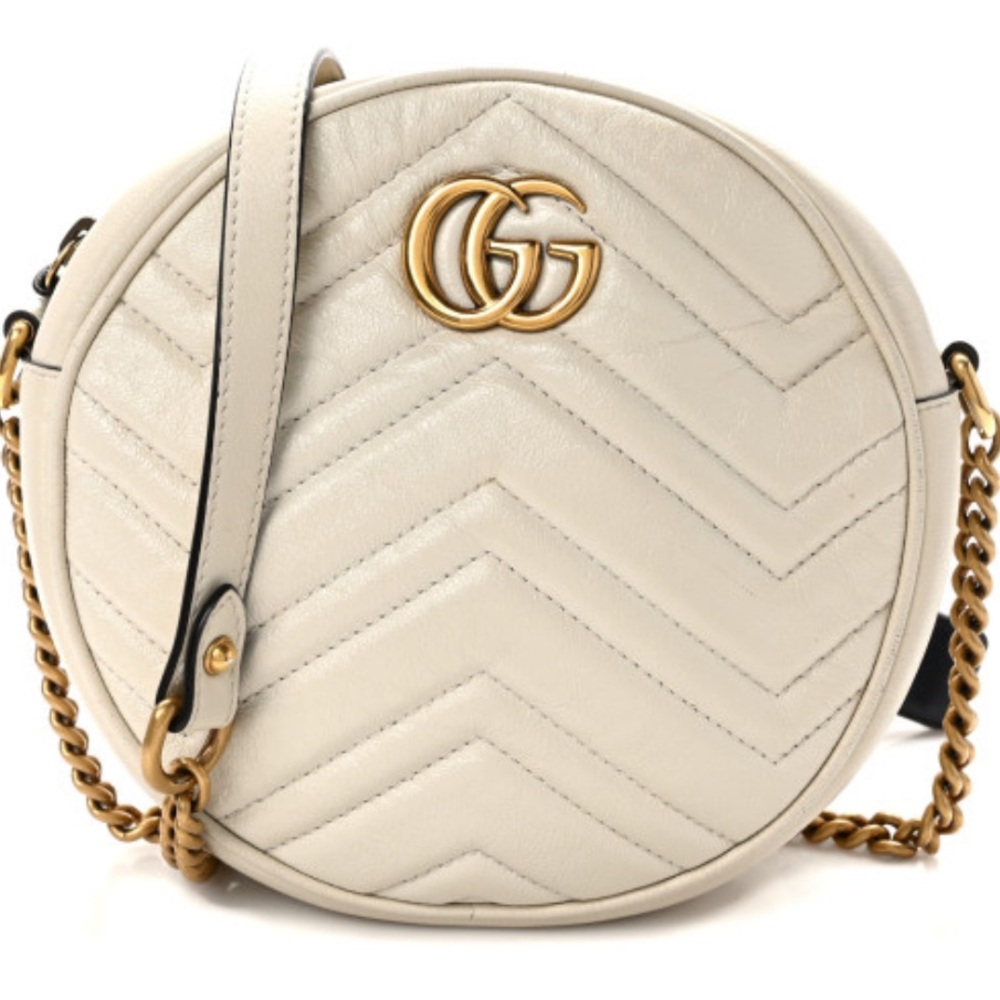 Calfskin Matelasse Mini GG Marmont Round Shoulder Bag White
